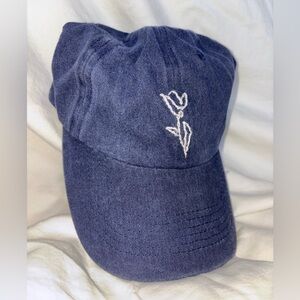 Hand Embroidered Floral Dad Hat – Denim Blue Cotton Baseball Cap NWOT